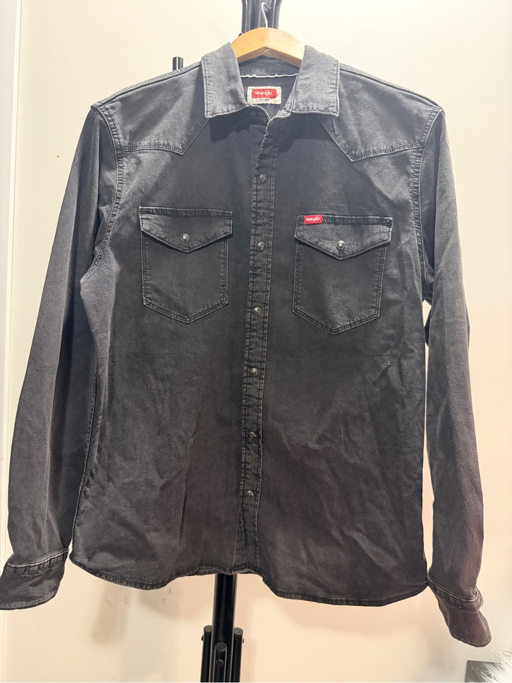 Wrangler Black Denim Longsleeve polo Shirt with Red Logo Patch Size M